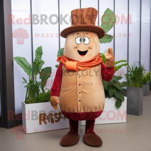 Rust Radish mascot costume character dressed with a Coat and Hat pins