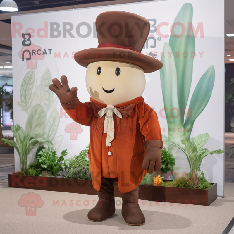 Rust Radish mascot costume character dressed with a Coat and Hat pins