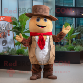 Rust Radish mascot costume character dressed with a Coat and Hat pins