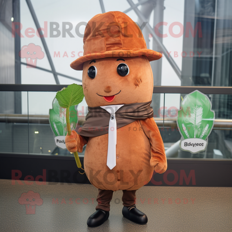 Rust Radish mascot costume character dressed with a Coat and Hat pins Rust Radish mascot costume character dressed with a Coat and Hat pins