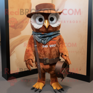 Rust Owl mascot costume character dressed with a Bootcut Jeans and Cummerbunds