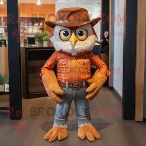 Rust Owl mascot costume character dressed with a Bootcut Jeans and Cummerbunds