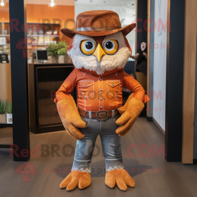 Rust Owl mascot costume character dressed with a Bootcut Jeans and Cummerbunds Rust Owl mascot costume character dressed with a Bootcut Jeans and Cummerbunds