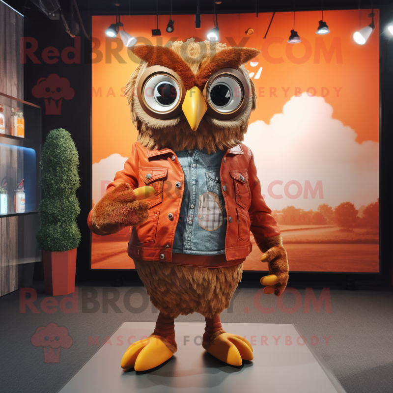 Rust Owl mascot costume character dressed with a Bootcut Jeans and Cummerbunds