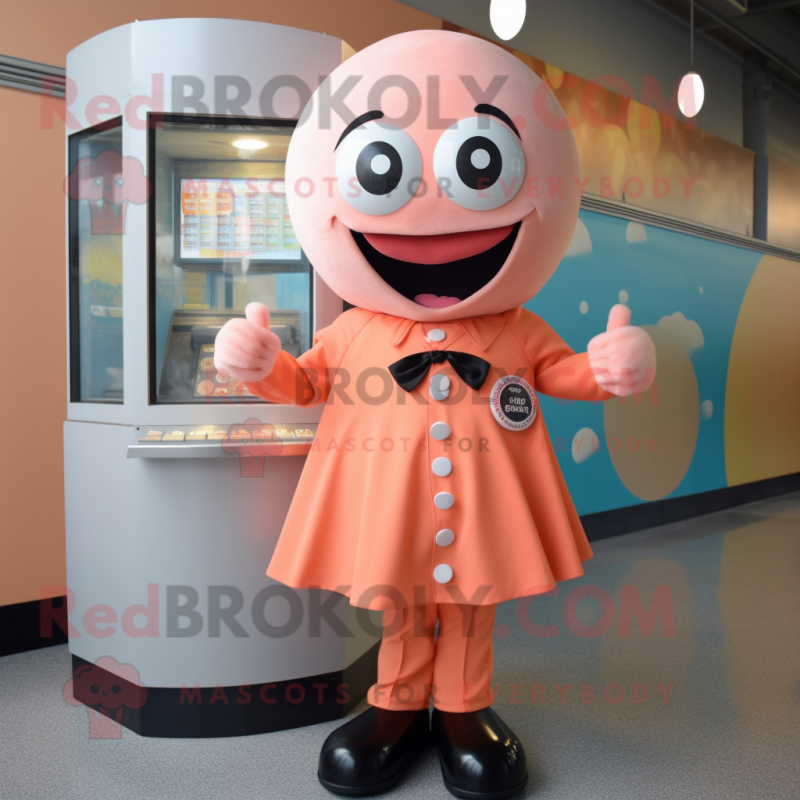 Peach Gumball Machine mascot costume character dressed with a Culottes and Cufflinks Peach Gumball Machine mascot costume character dressed with a Culottes and Cufflinks
