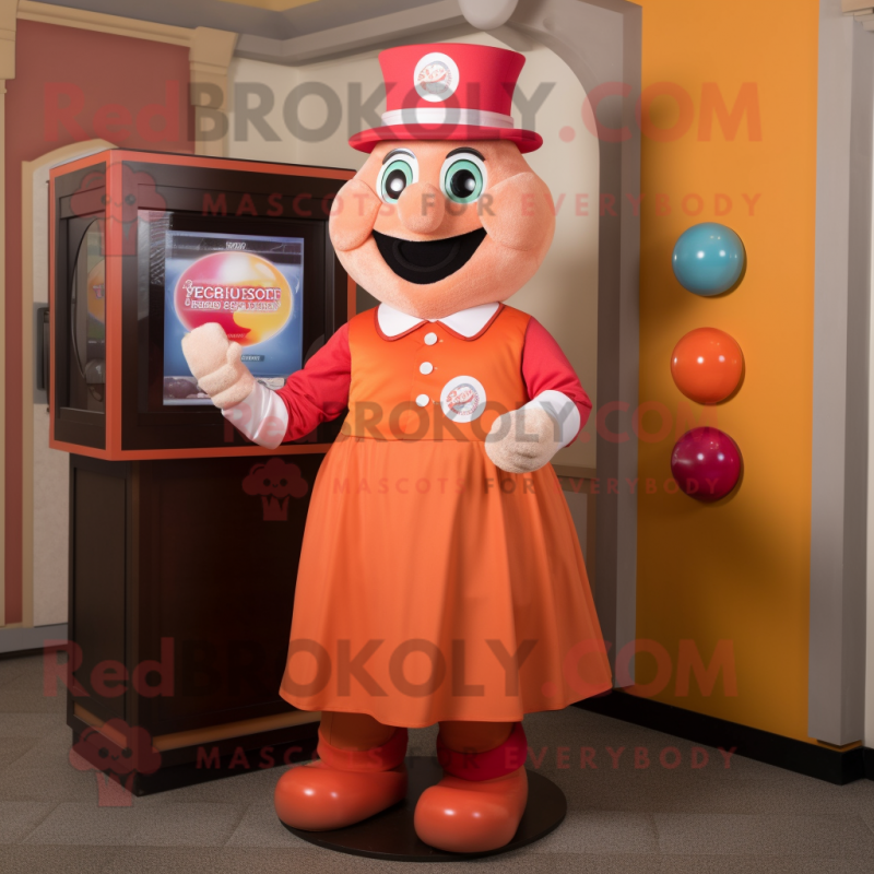 Peach Gumball Machine mascot costume character dressed with a Culottes and Cufflinks