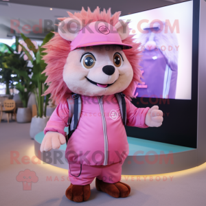 Pink Hedgehog mascot costume character dressed with a Playsuit and Hat pins