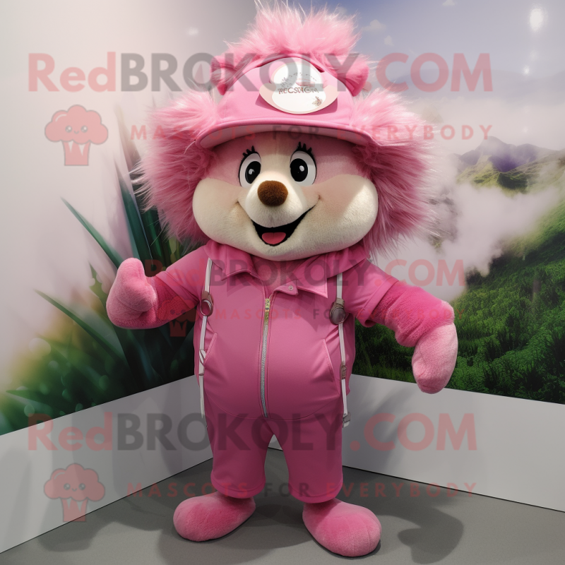 Pink Hedgehog mascot costume character dressed with a Playsuit and Hat pins