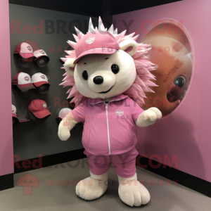 Pink Hedgehog mascot costume character dressed with a Playsuit and Hat pins