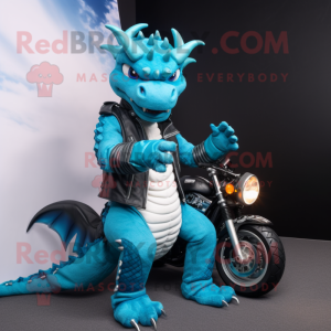 Cyan Dragon mascot costume character dressed with a Moto Jacket and Anklets