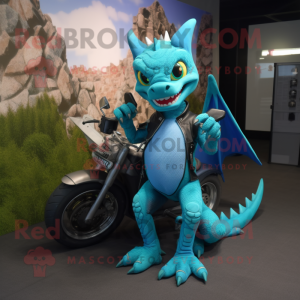 Cyan Dragon mascot costume character dressed with a Moto Jacket and Anklets