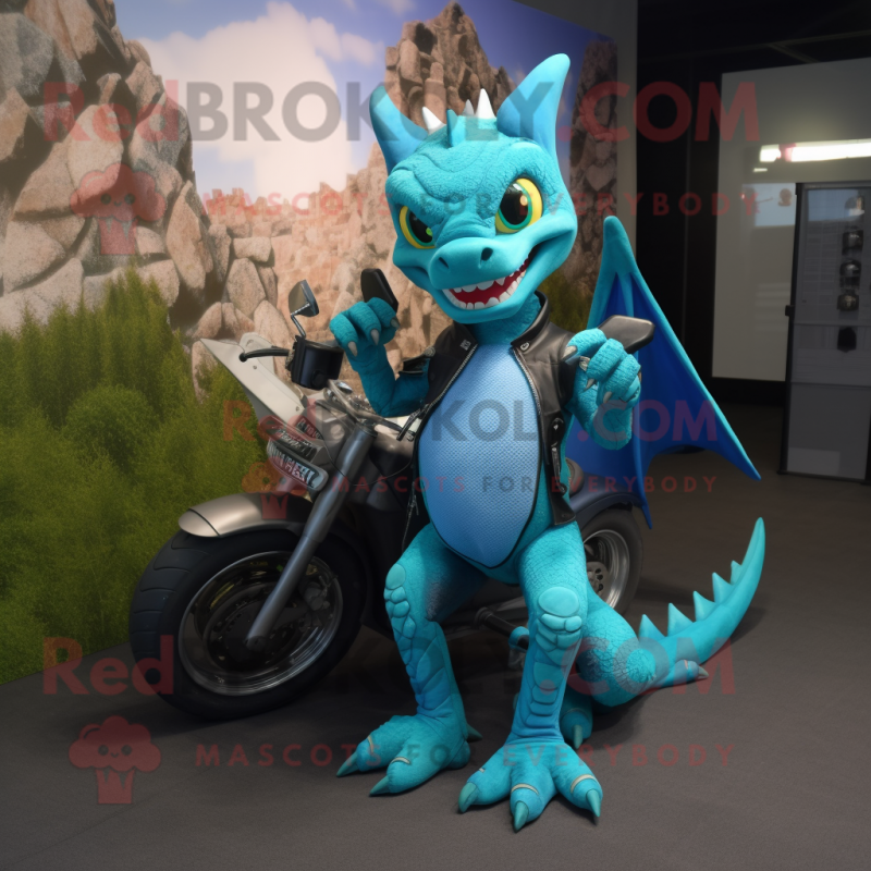 Cyan Dragon mascot costume character dressed with a Moto Jacket and Anklets Cyan Dragon mascot costume character dressed with a Moto Jacket and Anklets
