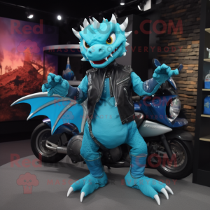 Cyan Dragon mascot costume character dressed with a Moto Jacket and Anklets