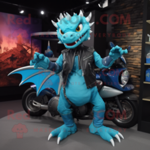Cyan Dragon mascot costume character dressed with a Moto Jacket and Anklets