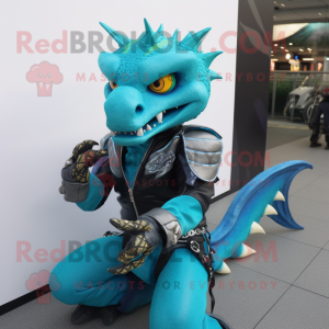 Cyan Dragon mascot costume character dressed with a Moto Jacket and Anklets
