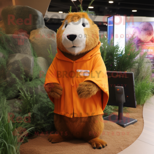 Rust Capybara mascot costume character dressed with a Cover-up and Lapel pins