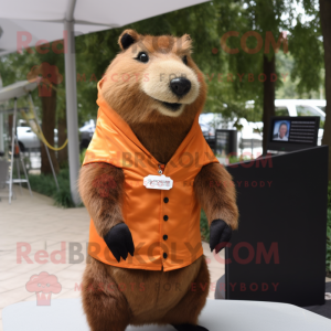 Rust Capybara mascot costume character dressed with a Cover-up and Lapel pins