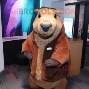 Rust Capybara mascot costume character dressed with a Cover-up and Lapel pins