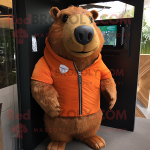 Rust Capybara mascot costume character dressed with a Cover-up and Lapel pins