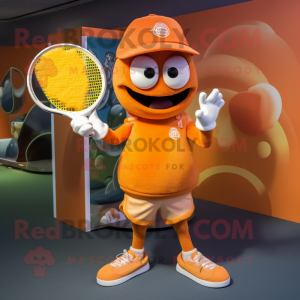 Orange Tennis Racket mascot costume character dressed with a Jumpsuit and Hats