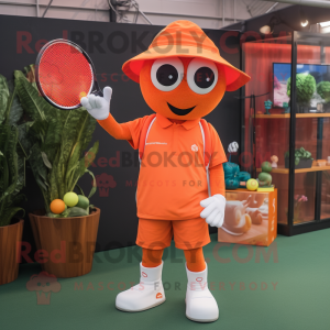 Orange Tennis Racket mascot costume character dressed with a Jumpsuit and Hats