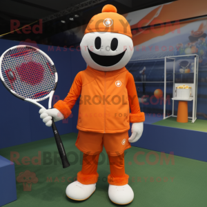Orange Tennis Racket mascot costume character dressed with a Jumpsuit and Hats