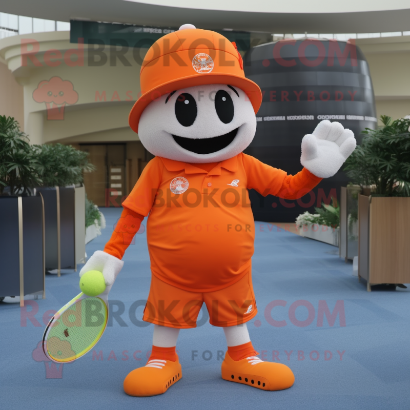 Orange Tennis Racket mascot costume character dressed with a Jumpsuit and Hats