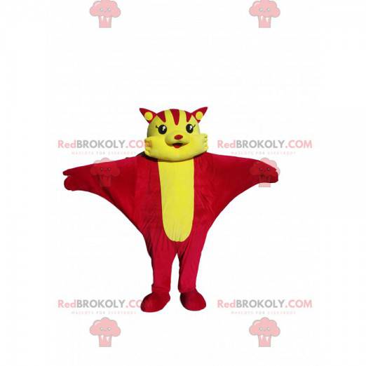 Mascote de gato voador vermelho e amarelo. Traje de gato -