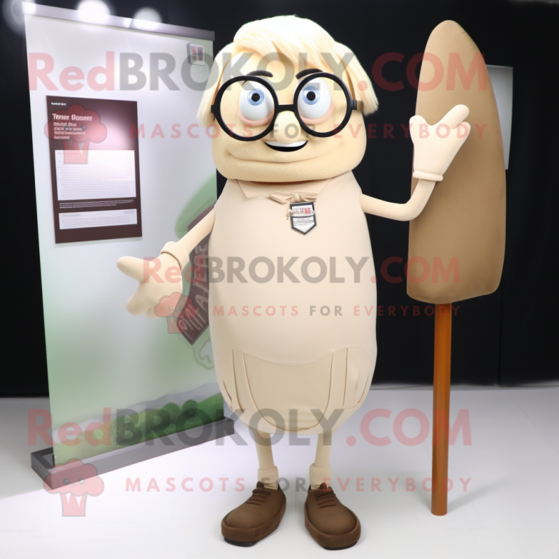 Beige Aglet mascot costume character dressed with a Pencil Skirt and Eyeglasses