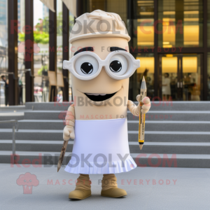Beige Aglet mascot costume character dressed with a Pencil Skirt and Eyeglasses