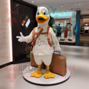 Beige Duck mascot costume character dressed with a V-Neck Tee and Handbags