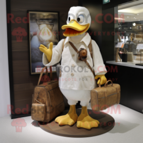 Beige Duck mascot costume character dressed with a V-Neck Tee and Handbags