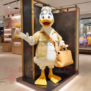 Beige Duck mascot costume character dressed with a V-Neck Tee and Handbags