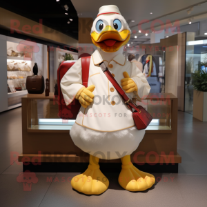 Beige Duck mascot costume character dressed with a V-Neck Tee and Handbags