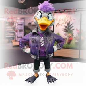 Purple Geese mascot costume character dressed with a Leather Jacket and Hair clips