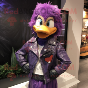 Purple Geese mascot costume character dressed with a Leather Jacket and Hair clips