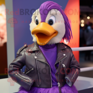 Purple Geese mascot costume character dressed with a Leather Jacket and Hair clips