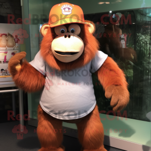 Peach Orangutan mascot costume character dressed with a Baseball Tee and Hats