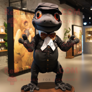 Black Geckos mascot costume character dressed with a T-Shirt and Bow ties