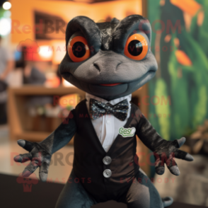 Black Geckos mascot costume character dressed with a T-Shirt and Bow ties