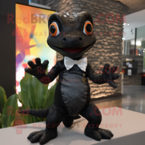 Black Geckos mascot costume character dressed with a T-Shirt and Bow ties