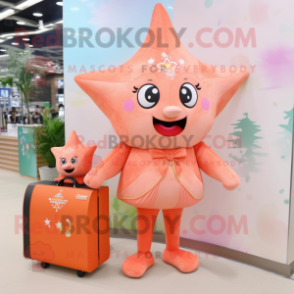 Peach Starfish mascot costume character dressed with a Shift Dress and Wallets