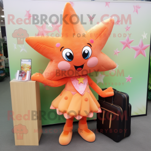 Peach Starfish mascot costume character dressed with a Shift Dress and Wallets