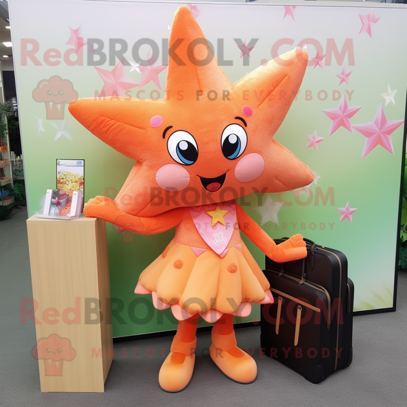 Peach Starfish mascot costume character dressed with a Shift Dress and Wallets