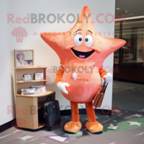 Peach Starfish mascot costume character dressed with a Shift Dress and Wallets