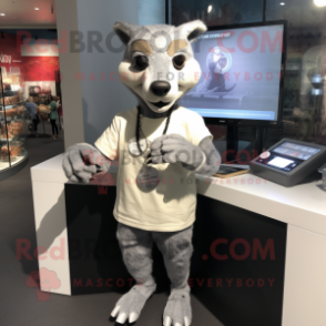 Silver Thylacosmilus mascot costume character dressed with a Henley Tee and Smartwatches