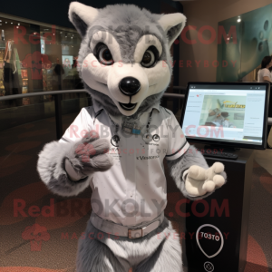 Silver Thylacosmilus mascot costume character dressed with a Henley Tee and Smartwatches