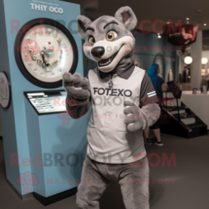 Silver Thylacosmilus mascot costume character dressed with a Henley Tee and Smartwatches