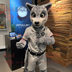 Silver Thylacosmilus mascot costume character dressed with a Henley Tee and Smartwatches