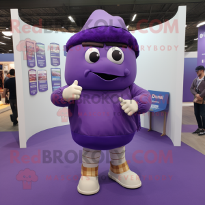 Purple Moussaka mascot costume character dressed with a Oxford Shirt and Foot pads